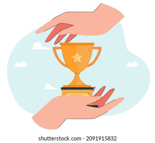 Gold cup between huge human hands. Hand holding golden trophy or prize flat vector illustration. Success, competition, achievement, victory concept for banner, website design or landing web page