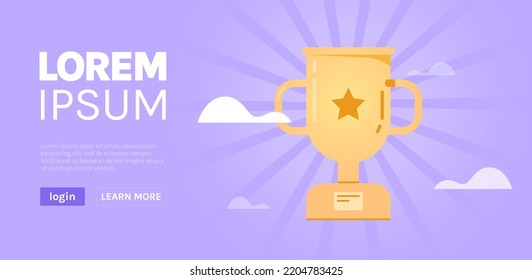 Gold cup and celebrate victory, successfully achieve reward, winners prize, business goal success concept flat vector illustration.