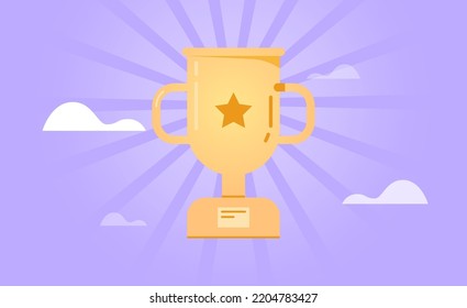 Gold cup and celebrate victory, successfully achieve reward, winners prize, business goal success concept flat vector illustration.