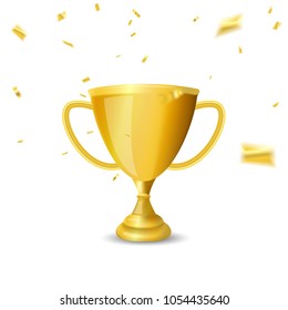 gold cup Celebration background template with confetti and gold ribbons.