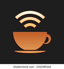 Gold Cup of coffee shop with free wifi zone icon isolated on black background. Internet connection placard. Long shadow style. Vector.