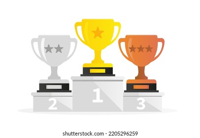 A gold cup for first place, a silver cup for second place and a bronze cup for third place. Vector illustration