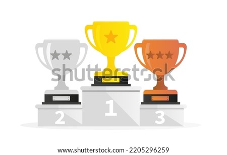 A gold cup for first place, a silver cup for second place and a bronze cup for third place. Vector illustration