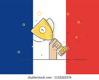 Gold cup for France. Hand holding winner's trophy award. Trendy flat vector on white background. Vector Illustration. 