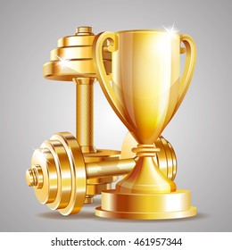 Gold cup with golden realistic dumbbells.