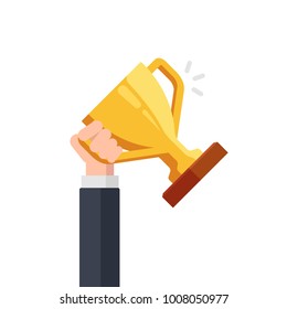 Gold cup in hands. Hand holding winner's trophy award. Business goal achievement concept. Vector flat illustration isolated on white background