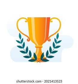 A gold cup and a laurel wreath. Vector icon in a flat style on the theme of victory and success.