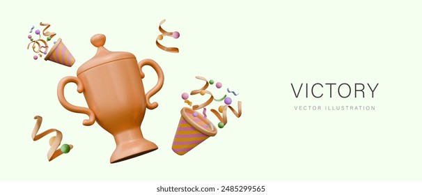 Gold cup with lid, exploding confetti crackers. Victory celebration poster