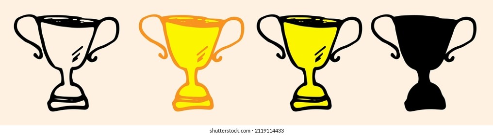 a gold cup made in a flat style. A yellow doodle cup in the doodle style with a black outline and silhouette is a reward, side view. winner symbol on white for sports winner design template