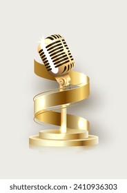 A gold cup made of ribbon and a retro microphone, highlighted on a white background. Vector realistic 3d illustration. A reward for music. The concept of victory