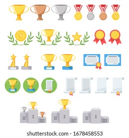 Gold Cup. Medal. First place. Silver for second, bronze for third. Diploma. Paper scroll. Star shape statuette. Podium. Winning places. Laurel. Flat minimalistic design. Icons. Isolated clipart set