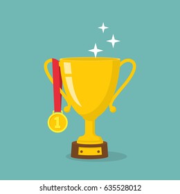 Gold cup and medal for the first place. Victory prize golden bowl. Winning and achievement. Trophy and awards isolated on white background. Vector illustration flat design. Medal on red ribbon.