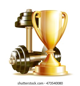 Gold cup with metal realistic dumbbells.