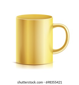 Gold Cup, Mug Vector. 3D Realistic Golden Cup Isolated On White Background. Classic Metal Mug Template With Handle Illustration. For Business Branding