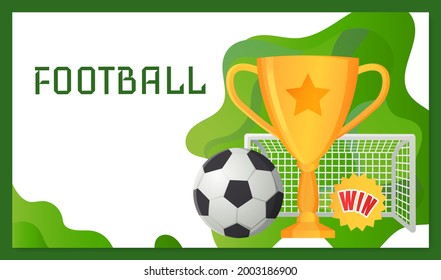 Gold cup near football ball poster of sport game competition, championship cup banner template. Football stadium, prize medal on ribbon with soccer ball and banner with sporting event announcement