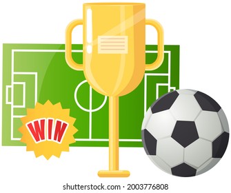 Gold cup near football ball poster of sport game competition, championship cup banner template. Football stadium, prize medal on ribbon with soccer ball and banner with sporting event announcement