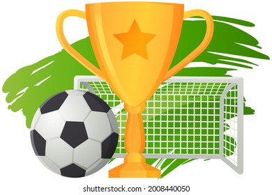 Gold cup near football ball poster of sport game competition, championship cup banner template. Football stadium, prize medal on ribbon with soccer ball and banner with sporting event announcement