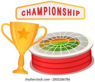 Gold cup near football field poster of sport game competition, championship cup banner template. Football stadium green field, modern arena with soccer ball and banner with sporting event announcement
