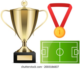 Gold cup near football field poster of sport game competition, championship cup banner template. Football stadium green field, modern arena with prize medal winner award in match, sporting event
