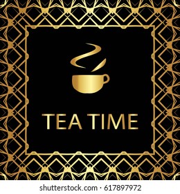 Gold cup on black background. The gold pattern. Caption: coffee Time.