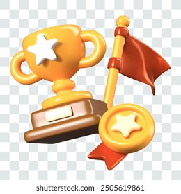 Gold cup on stand, flagpole with flag, round gold medal with decorative ribbon