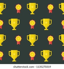Gold Cup on white background. Gold Cup on black background. Colorful seamless patterns on the theme of education, school, autumn. Vector illustration in flat style.