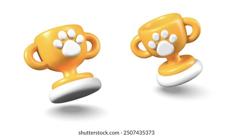 Gold cup with paw print. Vector metal trophy on white background