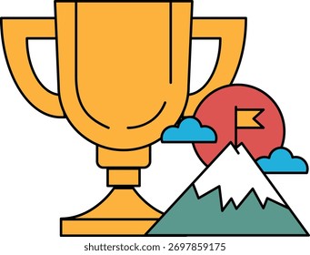 Um copo de ouro com uma bandeira vermelha e azul no topo de uma montanha. A taça é um símbolo de conquista e a bandeira representa o objetivo que a pessoa alcançou