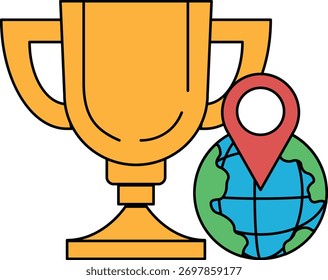 A gold cup with a red dot on it and a globe in the background. The cup is labeled with the word "winner" and the globe is labeled with the word "world"