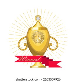 Gold cup and ribbon with the inscription - Winner. Behind the divergent beams. Vector illustration