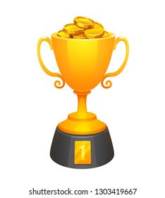 Gold cup trophy award with gold and base. Prize for the first place. Shiny trophy on white background.
