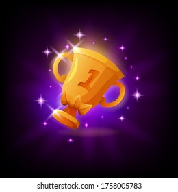 Gold cup trophy GUI gaming or mobile app icon on dark background. First place prize vector illustration in cartoon style