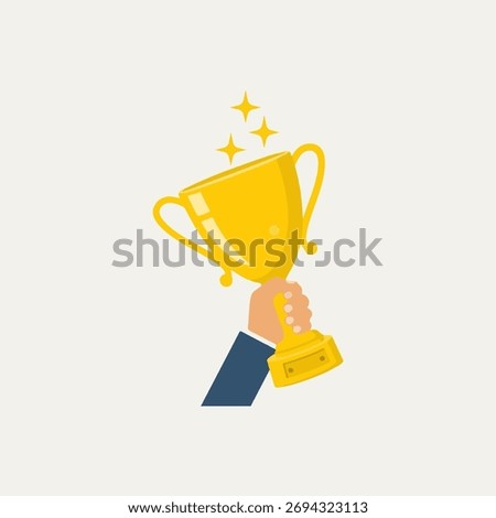 gold cup with a trophy, Winner Holding Trophy – Victory and Achievement Concept Illustration	
