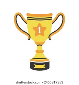 Gold cup vector icon. Sports prize, winner trophy. Best champion award, first place. Goblet of victory with star, handles, name plate. A gift for winning a competition, game, event. Hand drawn clipart