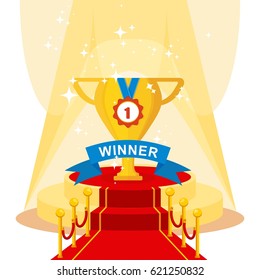 Gold Cup winner with a medal on luxurious catwalk with red carpet. Flat vector cartoon illustration. Objects isolated on a white background.