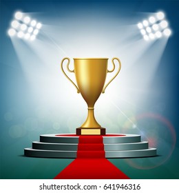 Gold Cup winner standing on a podium with a red carpet. Stock vector illustration.