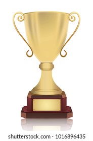 Gold cup winner vector illustration. Award-winning goblet medalist with a nameplate, isolated on white background