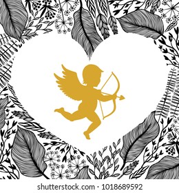 Gold Cupid with arrow and bow, floral frame in heart shape.. Amour Silhouette for Happy Valentines day decorations or greetings. Angel on Herbal background. vector illustration.