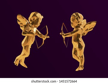 Gold Cupid. Shiny Metallic Set of Golden Cupid on on Purple Background. Low Poly Vector 3D Rendering