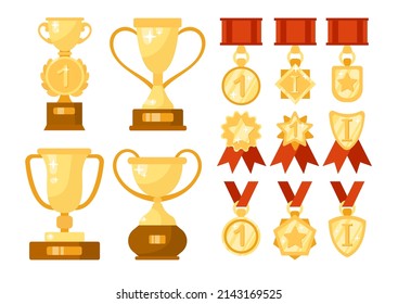 Gold cups and medals flat vector illustrations set. Collection of different golden sports trophies or awards for winners isolated on white background. Victory, success, competition concept