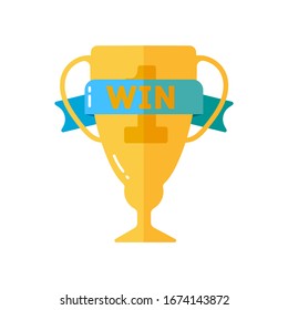 Gold cups, medals and other sports trophies for winners in flat design. Award for winners. Set of gold vector awards icons of success and victory with trophies, stars, cups, ribbons, medals.