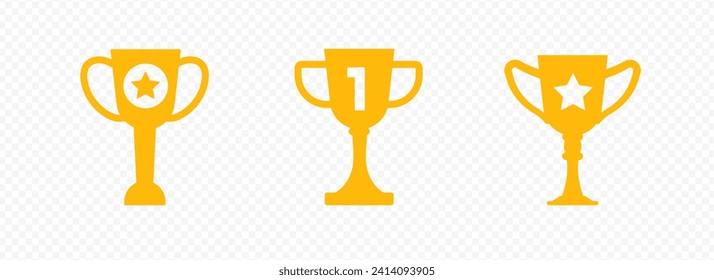 Gold cups trophies with star and one set. Award prize for first places in sports and office games as symbol of champion and celebration of vector victory