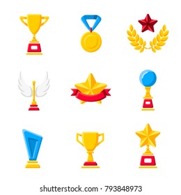 Gold cups, trophy, awards and medals. Modern colored flat icons set.