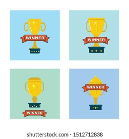 Gold cups for winners and other sports trophies. Gold award and trophy for the championship. Vector illustration. Flat style.