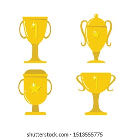 Gold cups for winners and other sports trophies. Gold award and trophy for the championship. Vector illustration. Flat style.