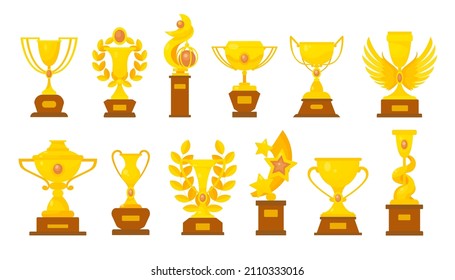 Copas de oro para los ganadores de ilustraciones vectoriales establecidas. Colección de trofeos dorados o premios para la ceremonia de premiación, recompensa por el concurso deportivo ganador sobre fondo blanco. Competencia, concepto de victoria