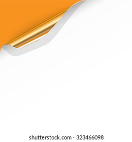 Gold Curled Corner with Orange Background. Vector Illustration