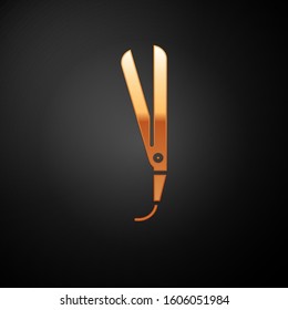 Gold Curling iron for hair icon isolated on black background. Hair straightener icon.  Vector Illustration
