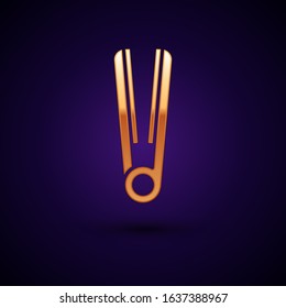 Gold Curling iron for hair icon isolated on dark blue background. Hair straightener icon.  Vector Illustration