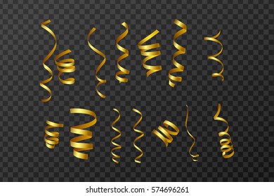 Gold Curling Stream. Set realistic serpentine for design. Transparent Background. Vector Illustration